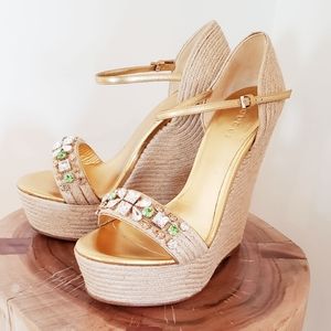 Gucci jute peep-toe wedge sandals with rhinestones